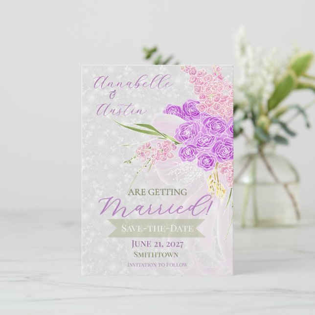 Coquette Sheer Bow in Pink  Bouquet Save-The-Date Invitation (Standing Front)