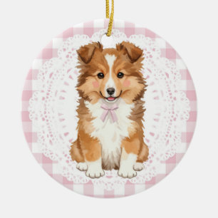 Coquette Shetland Sheepdog Dog Pink Gingham Bows Ceramic Tree Decoration