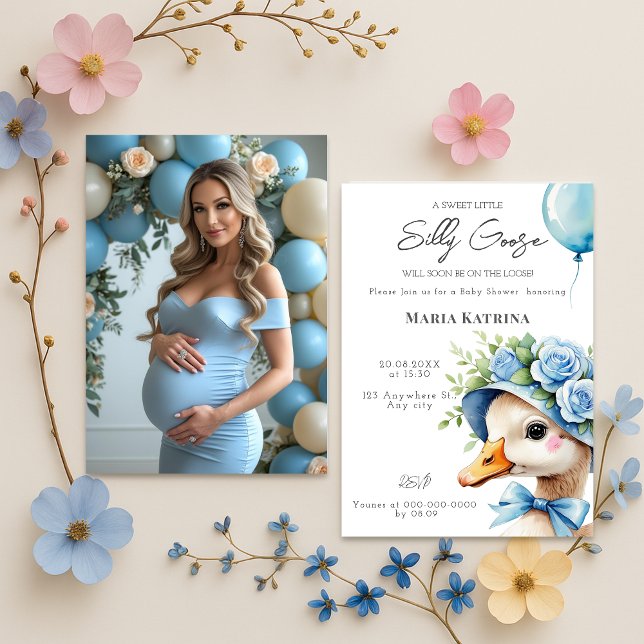 Coquette Silly Goose Blue Bow Boy Baby Shower Invitation (Creator Uploaded)