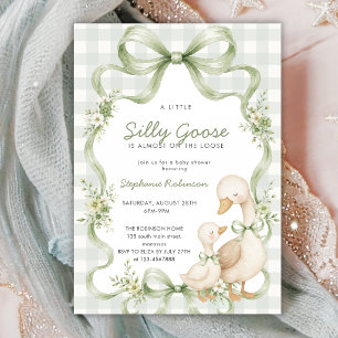 Coquette Silly Goose Sage Bow Gingham Baby Shower Invitation