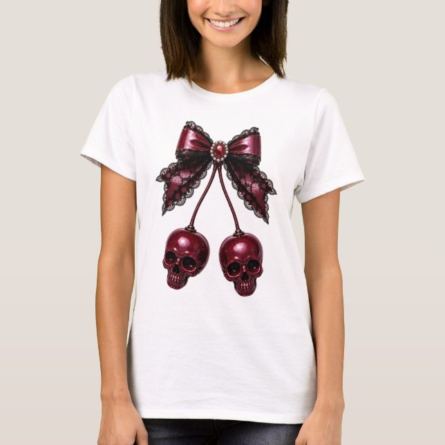 Coquette Skull Bow Gothic Cherry T-Shirt (Front)
