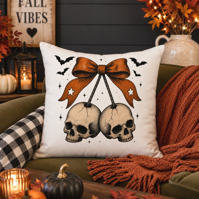Coquette Skull Bow Halloween Illustration Cushion (Creator Uploaded)