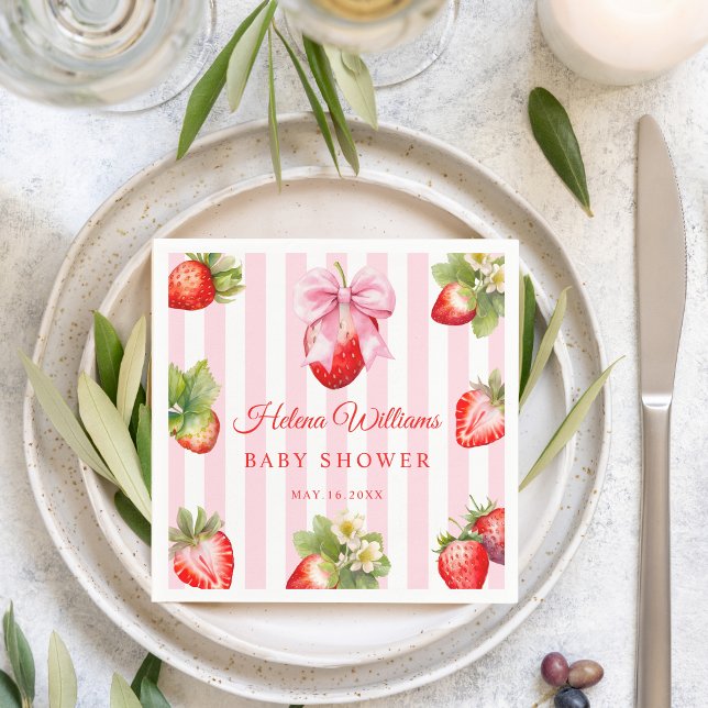 Coquette Strawberries Baby Shower Decor  Napkin (Watercolor Strawberry Baby shower Pink Gingham Napkin)