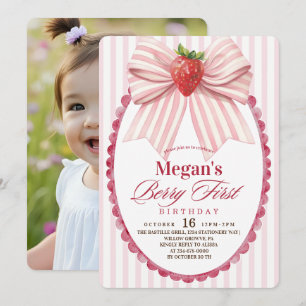 Coquette Strawberry 1st Berry Firs Birthday Party Invitation