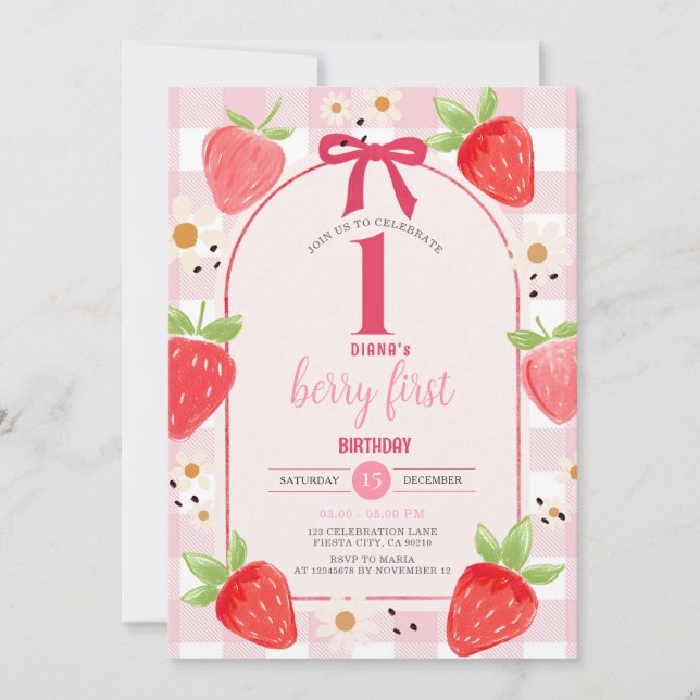 Coquette Strawberry 1st Birthday Party Invite (Front)