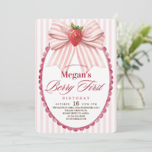 Coquette Strawberry 1st Girly Birthday Party Invitation
