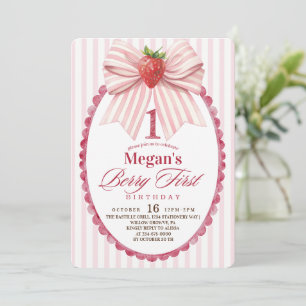 Coquette Strawberry 1st Girly Birthday Party Invitation