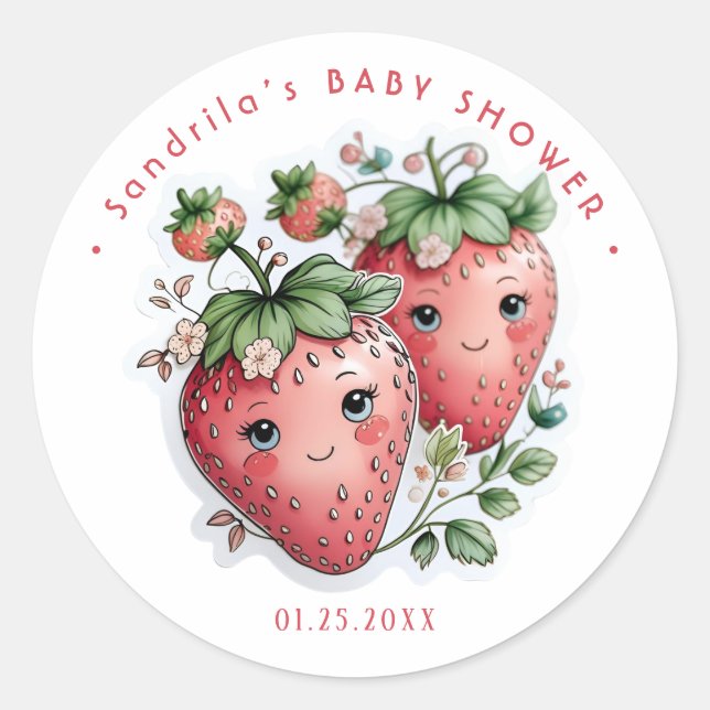 Coquette Strawberry Baby Shower  Classic Round Sticker (Front)