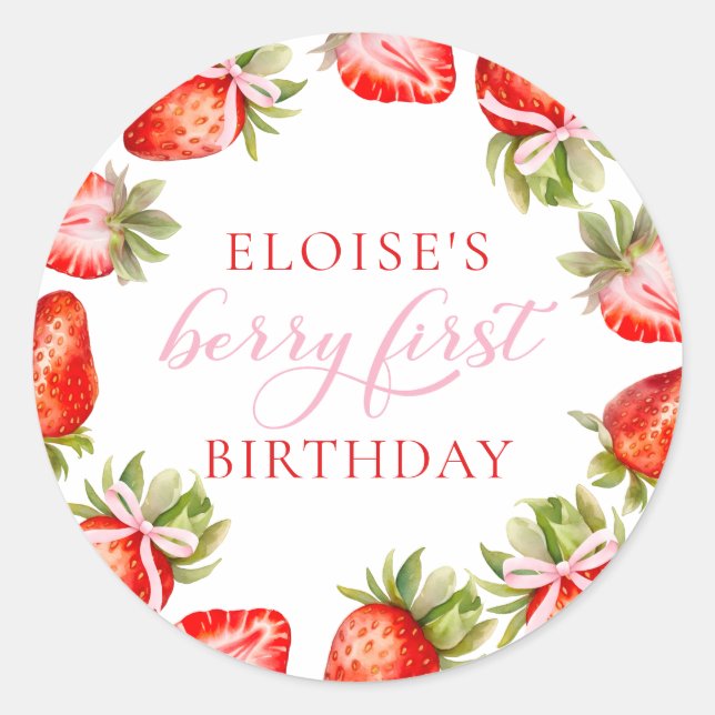 Coquette Strawberry Bow Berry First Birthday Classic Round Sticker (Front)