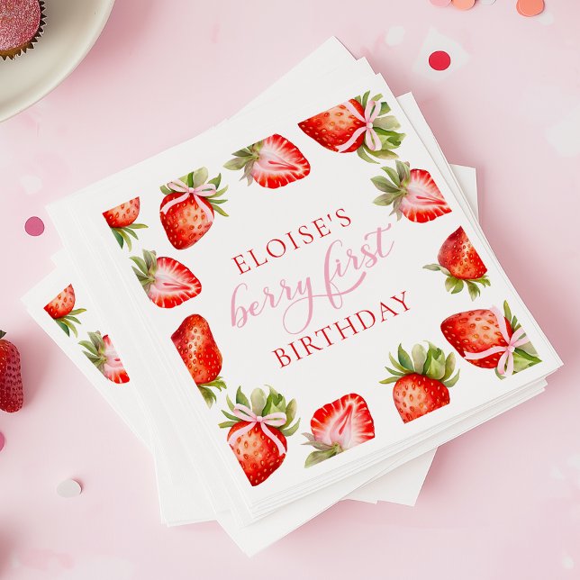 Coquette Strawberry Bow Berry First Birthday Napkin (Creator Uploaded)
