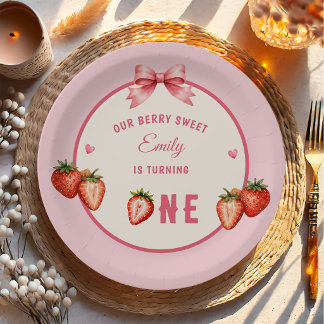 Coquette Strawberry Bow Berry First Birthday Paper Plate