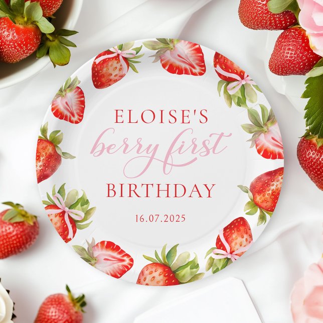 Coquette Strawberry Bow Berry First Birthday Paper Plate (Creator Uploaded)