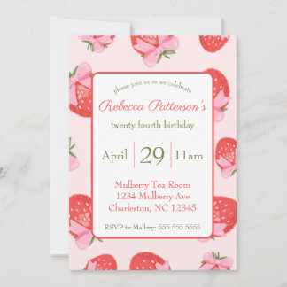 Coquette Strawberry Bows Feminine Cute Party Invitation