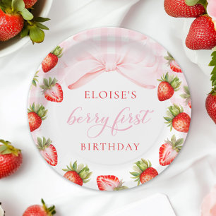 Coquette Strawberry First Birthday Paper Plate
