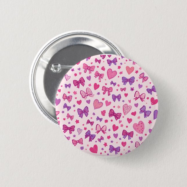 Coquette Style Pink Purple Bow & Heart Pattern 6 Cm Round Badge (Front & Back)