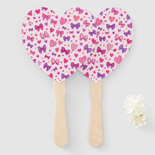 Coquette Style Pink Purple Bow & Heart Pattern Hand Fan