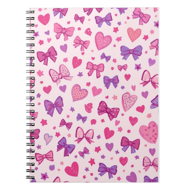 Coquette Style Pink Purple Bow & Heart Pattern Notebook (Front)