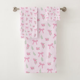 Coquette Summer Pastel Pink Bows and Roses Floral Bath Towel Set