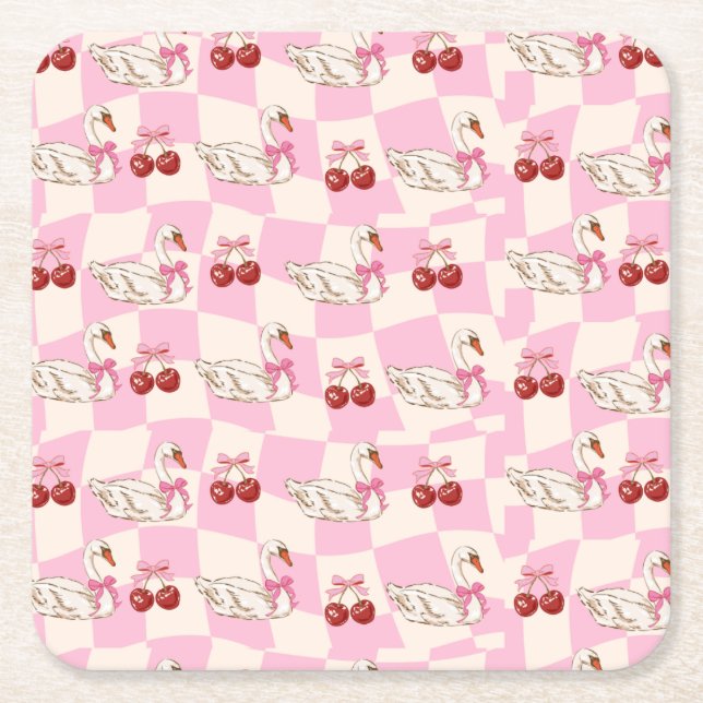 Coquette Swan & Cherry Square Paper Coaster  (Front)