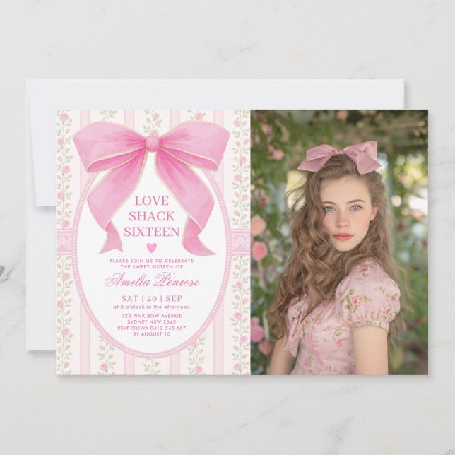 Coquette Sweet 16 Pink Bow Birthday Photo Invitation (Front)