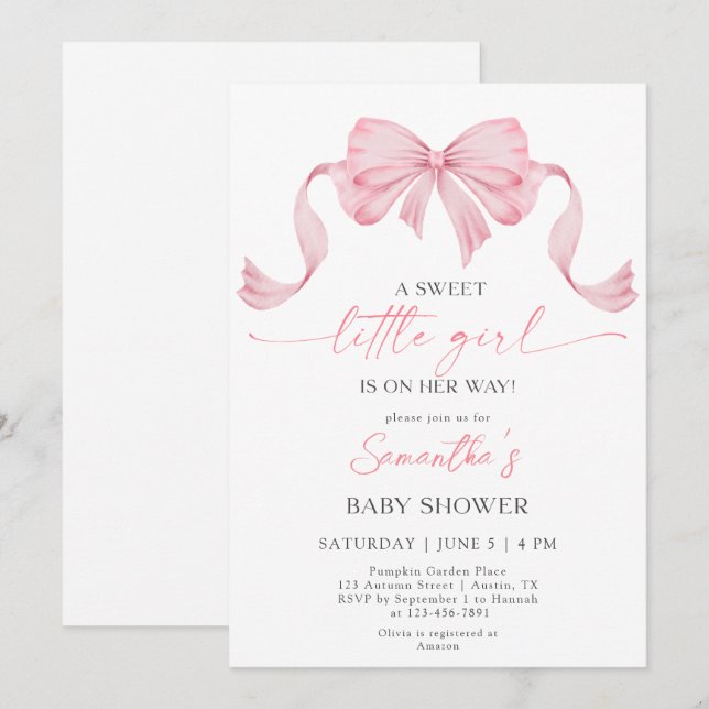 Coquette Sweet Little Girl Bow Border Baby Shower Invitation (Front/Back)