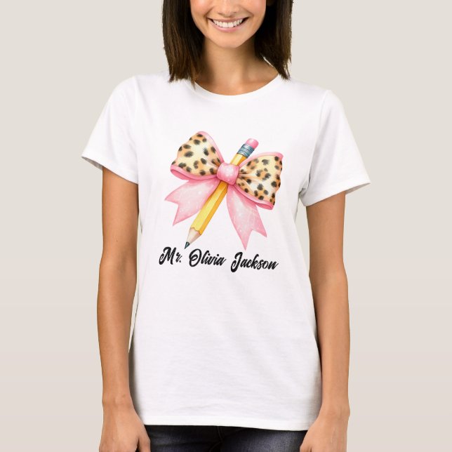 Coquette Teacher Pencil with Bow leopard t-shirt (Front)