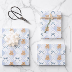 Coquette Teddy Bear & Ribbon Bow Pattern Wrapping Paper Sheet