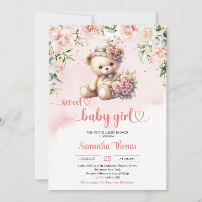 Coquette teddy bear with flowers girl baby shower invitation (Front)