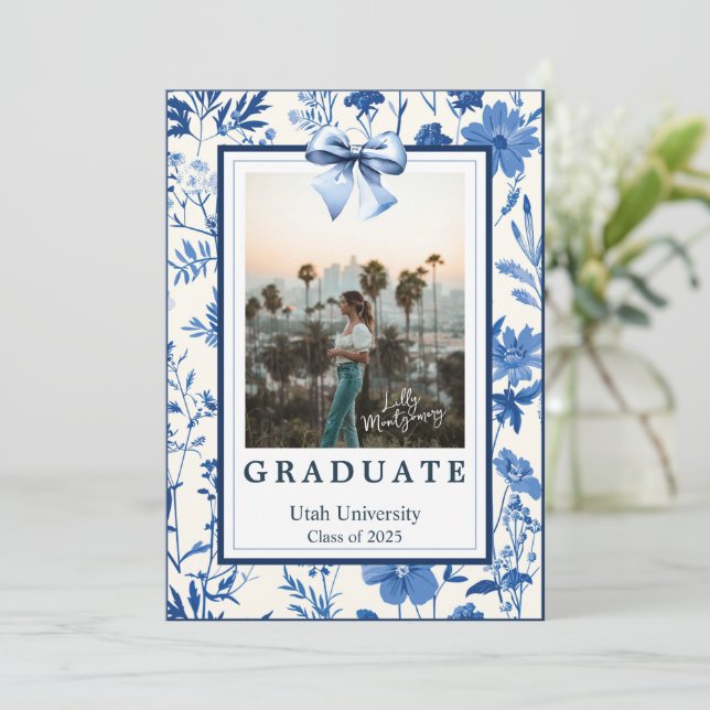 Coquette Toile Bow Photo Graduation Announcement (Standing Front)
