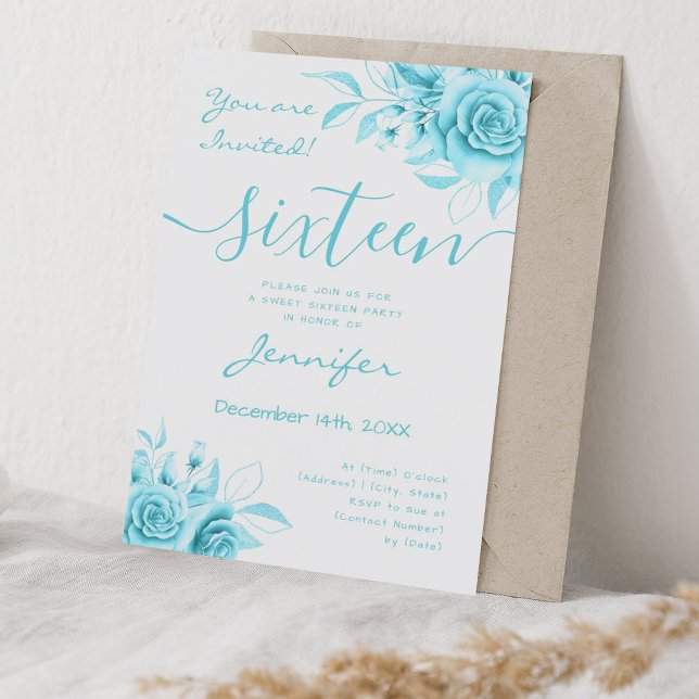 Coquette Turquoise Sweet 16 Floral Glam Invitation (Coquette Turquoise Sweet 16 Floral Glam Invitation)