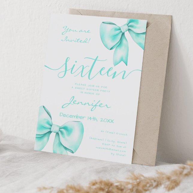 Coquette Turquoise Teal Bow Sweet 16 Birthday Invitation (Coquette Turquoise Teal Bow Sweet 16 Birthday Invitation)