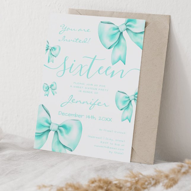 Coquette Turquoise Teal Bow Sweet 16 Party  Invitation (Coquette Turquoise Teal Bow Sweet 16 Party Invitation)