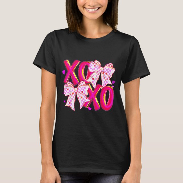 Coquette Valentine Xoxo Funny Valentine Bow Hearts T-Shirt (Front)