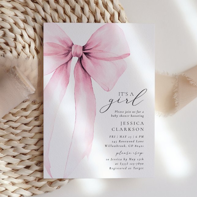 Coquette Watercolor Big Pink Bow Baby Shower Invitation (Creator Uploaded)