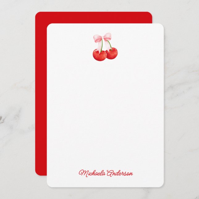 Coquette Watercolor Cherries & Bow Elegant Script Card (Front/Back)