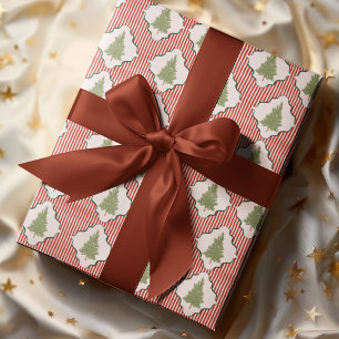 Coquette Watercolor Christmas Trees Red Stripes Wrapping Paper
