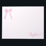Coquette watercolor Pink Bow Ribbon Personalised Notepad<br><div class="desc">Add a touch of sweetness to your daily notes with this personalised notepad featuring a soft watercolor pink bow and ribbon design. Perfect for adding charm to your office supplies, this custom notepad can be personalised with your name or a special message, making it a wonderful gift for friends, family,...</div>