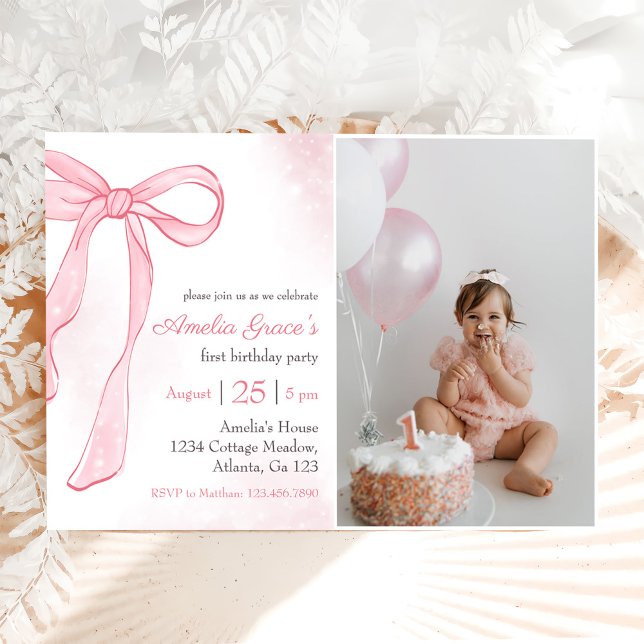 Coquette Watercolor Pink Cute Bow 1st Birthday Invitation (Creator Uploaded)