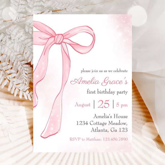 Coquette Watercolor Pink Cute Bow 1st Birthday Invitation (Creator Uploaded)