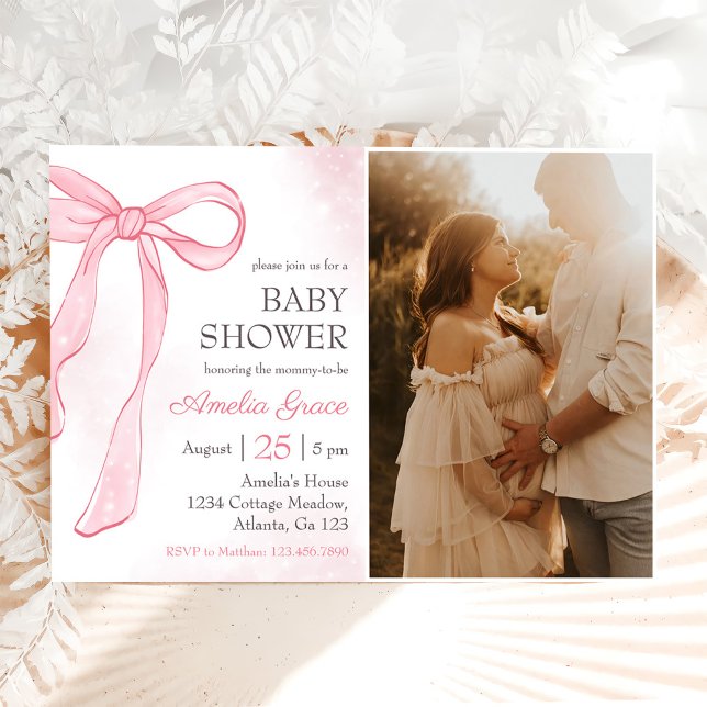 Coquette Watercolor Pink Cute Bow Baby Shower Invitation (Creator Uploaded)