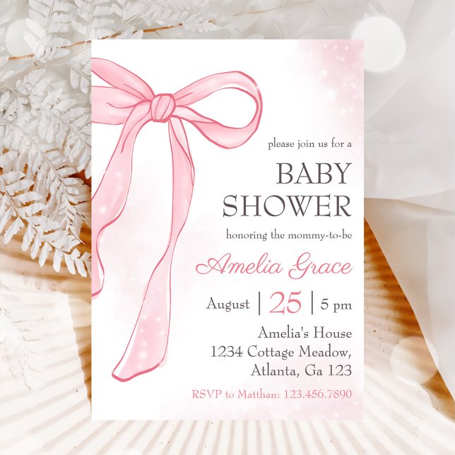 Coquette Watercolor Pink Cute Bow Baby Shower Invitation (Creator Uploaded)