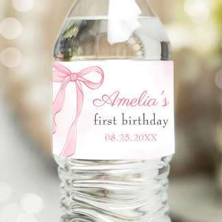 Coquette Watercolor Pink Cute Bow Birthday Water Bottle Label