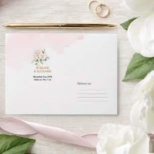 Coquette watercolor pink roses gold wedding envelope