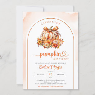 Coquette watercolor pumpkin with copper ribbon invitation