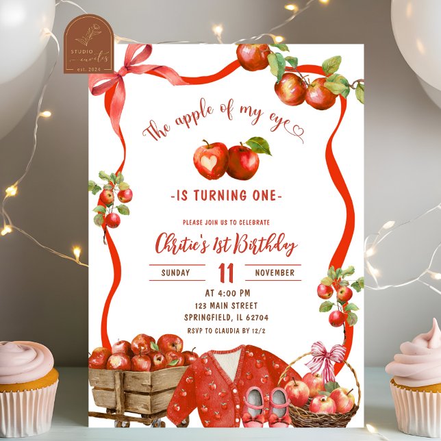 Coquette Wavy Bow Apple 1st Birthday Invitation (Creator Uploaded)