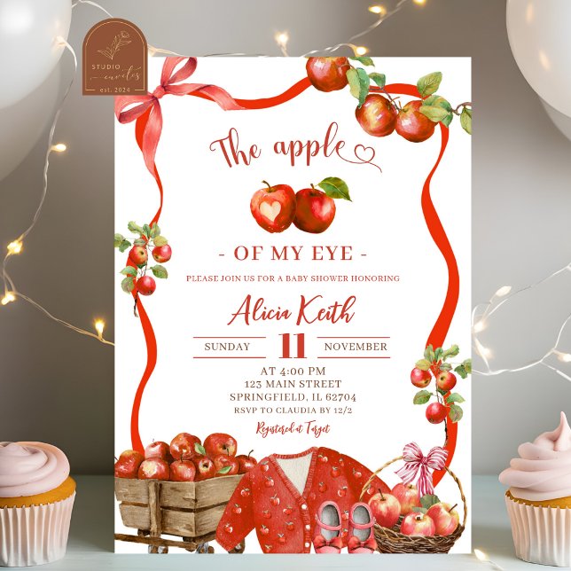 Coquette Wavy Bow Apple Of Our Eye Baby Shower Invitation (Creator Uploaded)
