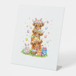 Coquette Western Highland Cow Easter Eggs Cute Bun Pedestal Sign