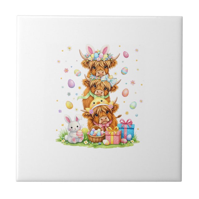 Coquette Western Highland Cow Easter Eggs Cute Bun Tile (Front)