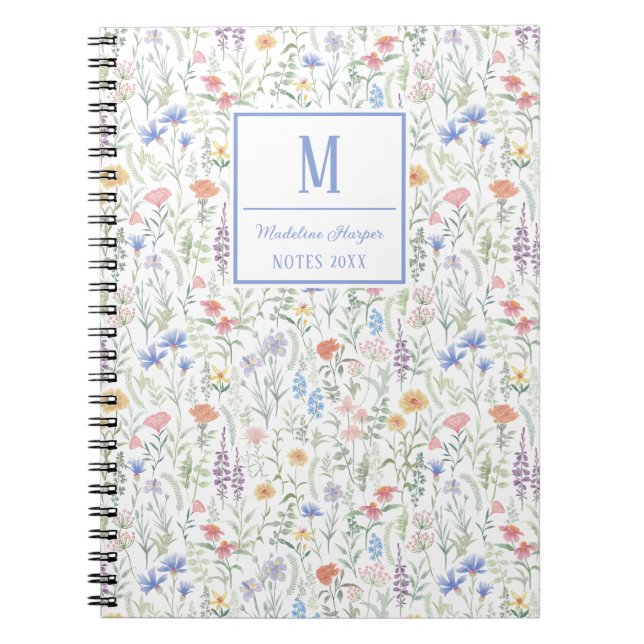 Coquette Wildflower Meadow Personalised Blue Notebook (Front)