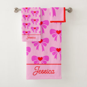 Coquette y2k Ribbon Pattern Red& Pink Preppy Name Bath Towel Set